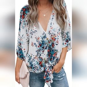 Women's floral v-neck chiffon tie top